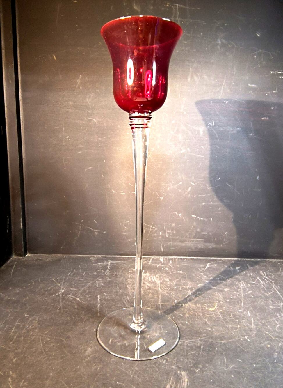 2107. 12 Inch Tall Vintage Ruby Red Stemmed Candle Holder Votive Tea Light